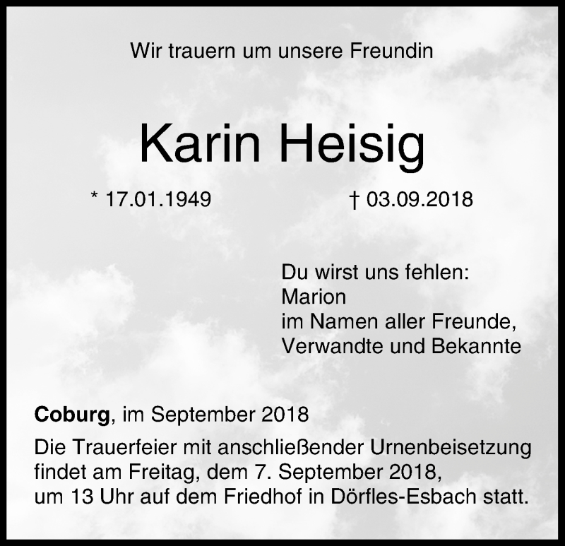  Traueranzeige für Karin Heisig vom 05.09.2018 aus MGO