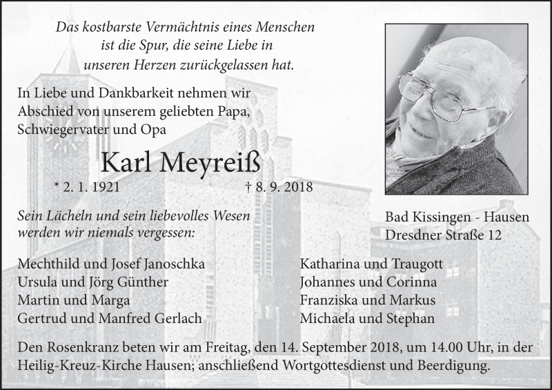  Traueranzeige für Karl Meyreiß vom 12.09.2018 aus MGO