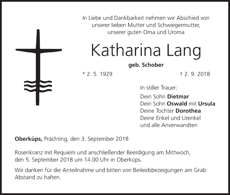  Traueranzeige für Katharina Lang vom 03.09.2018 aus MGO