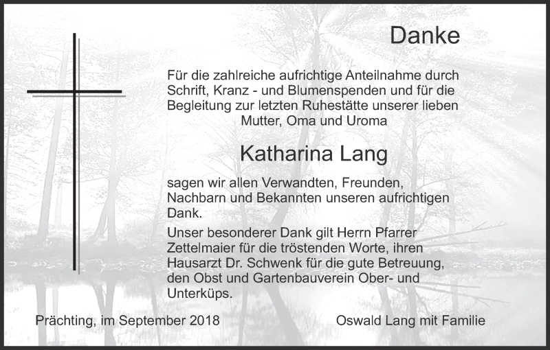  Traueranzeige für Katharina Lang vom 22.09.2018 aus MGO
