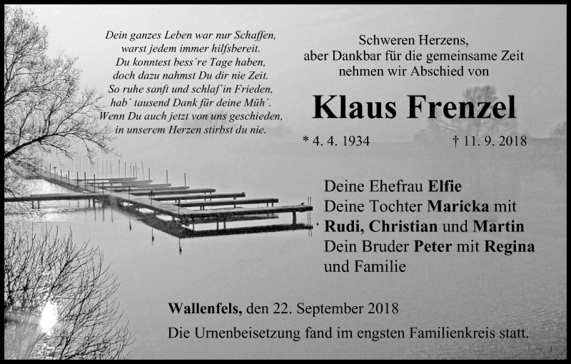  Traueranzeige für Klaus Frenzel vom 22.09.2018 aus MGO