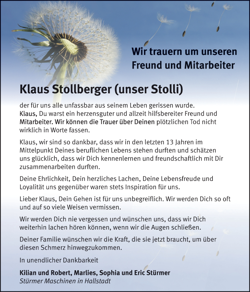  Traueranzeige für Klaus Stollberger vom 05.09.2018 aus MGO