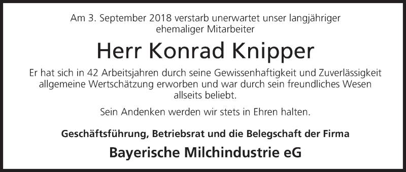  Traueranzeige für Konrad Knipper vom 08.09.2018 aus MGO