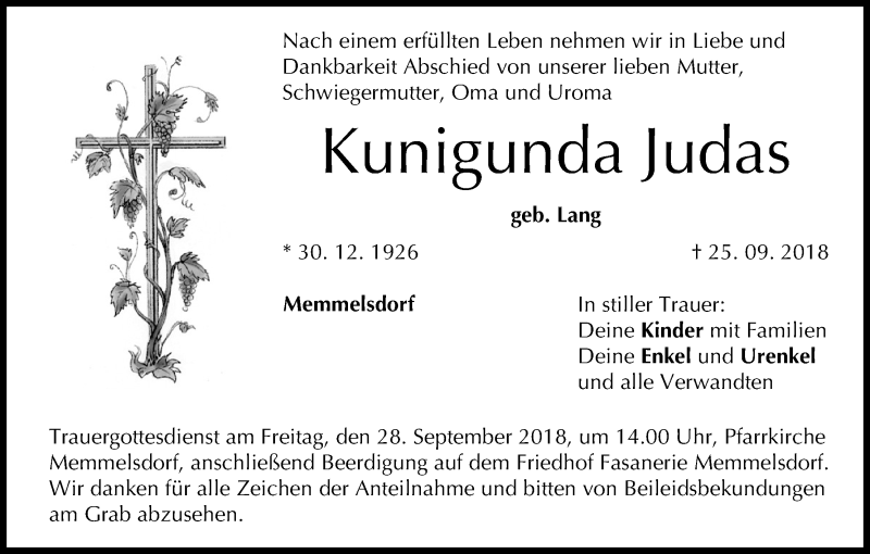  Traueranzeige für Kunigunda Judas vom 27.09.2018 aus MGO