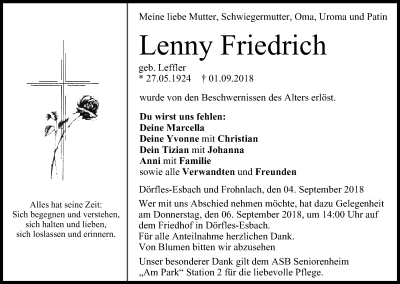  Traueranzeige für Lenny Friedrich vom 04.09.2018 aus MGO