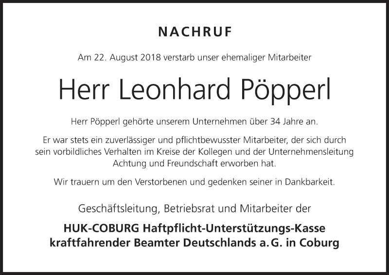  Traueranzeige für Leonhard Pöpperl vom 03.09.2018 aus MGO