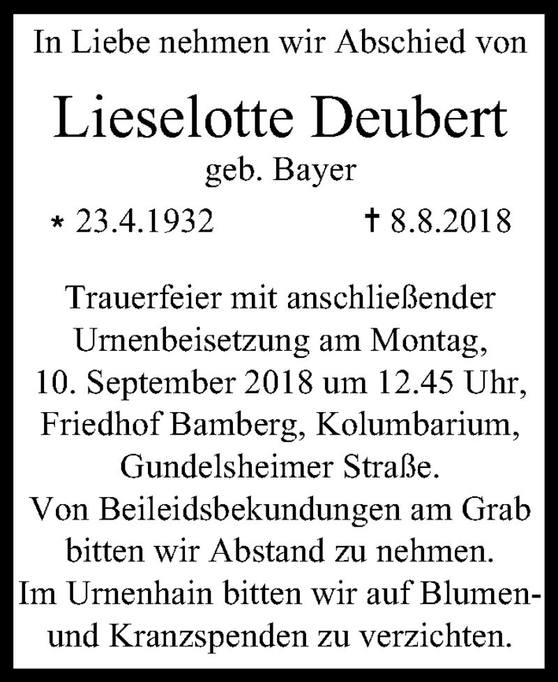  Traueranzeige für Lieselotte Deubert vom 08.09.2018 aus MGO