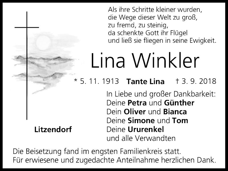  Traueranzeige für Lina Winkler vom 08.09.2018 aus MGO