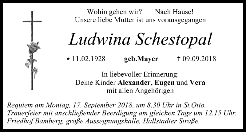  Traueranzeige für Ludwina Schestopal vom 15.09.2018 aus MGO