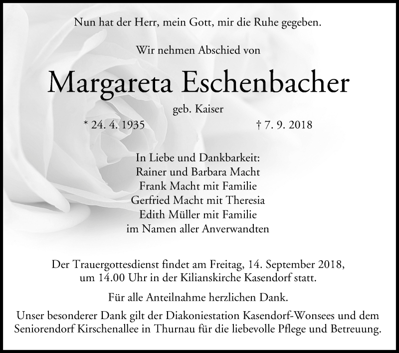  Traueranzeige für Margareta Eschenbacher vom 12.09.2018 aus MGO