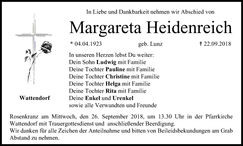  Traueranzeige für Margareta Heidenreich vom 25.09.2018 aus MGO