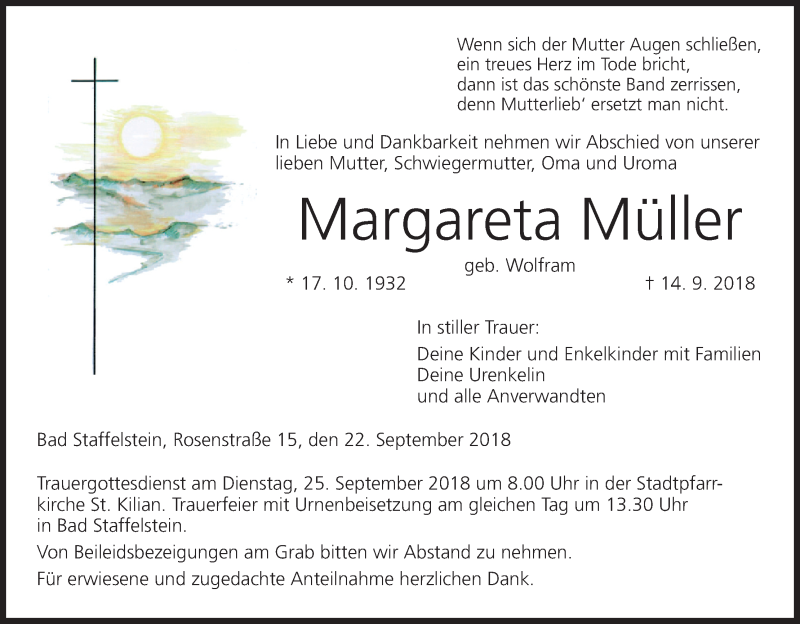  Traueranzeige für Margareta Müller vom 22.09.2018 aus MGO