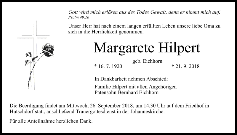  Traueranzeige für Margarete Hilpert vom 25.09.2018 aus MGO
