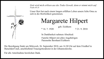 Anzeige von Margarete Hilpert von MGO