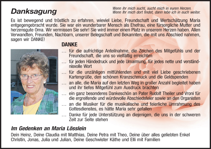  Traueranzeige für Maria Lösslein vom 15.09.2018 aus MGO