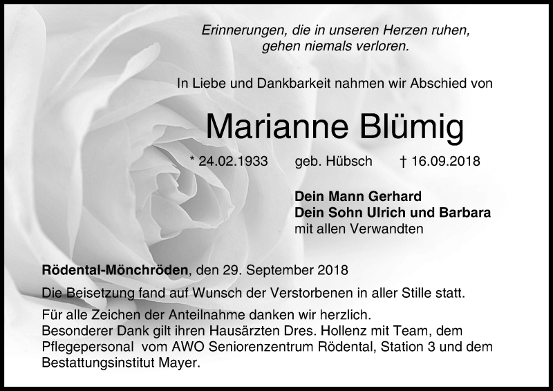  Traueranzeige für Marianne Blümig vom 29.09.2018 aus MGO