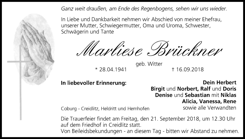  Traueranzeige für Marliese Brückner vom 19.09.2018 aus MGO