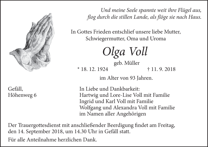  Traueranzeige für Olga Voll vom 13.09.2018 aus MGO