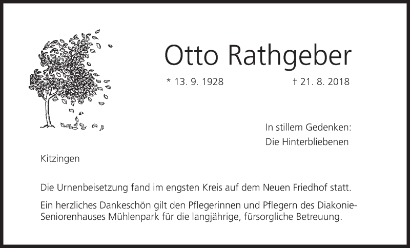  Traueranzeige für Otto Rathgeber vom 08.09.2018 aus MGO