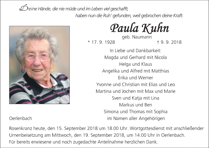  Traueranzeige für Paula Kuhn vom 15.09.2018 aus MGO