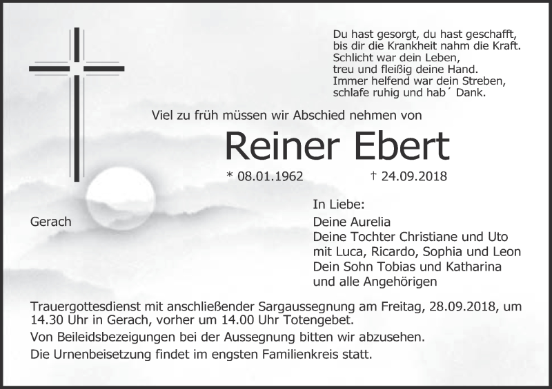  Traueranzeige für Reiner Ebert vom 26.09.2018 aus MGO