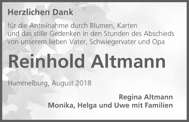  Traueranzeige für Reinhold Altmann vom 08.09.2018 aus MGO