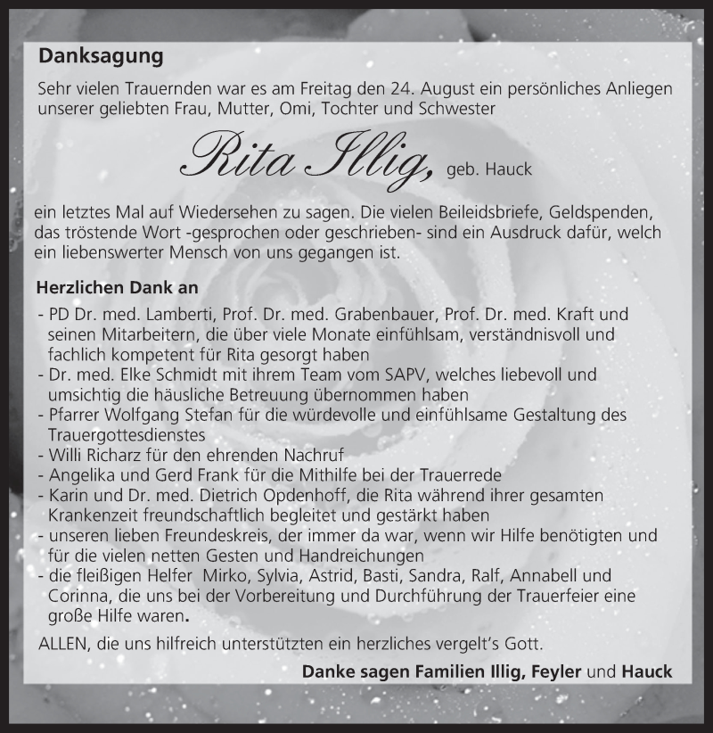  Traueranzeige für Rita Illig vom 12.09.2018 aus MGO