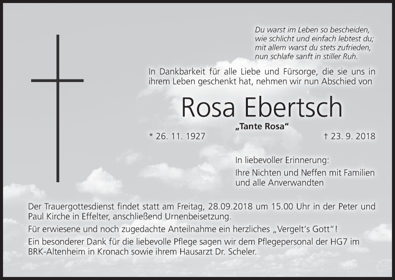  Traueranzeige für Rosa Ebertsch vom 26.09.2018 aus MGO