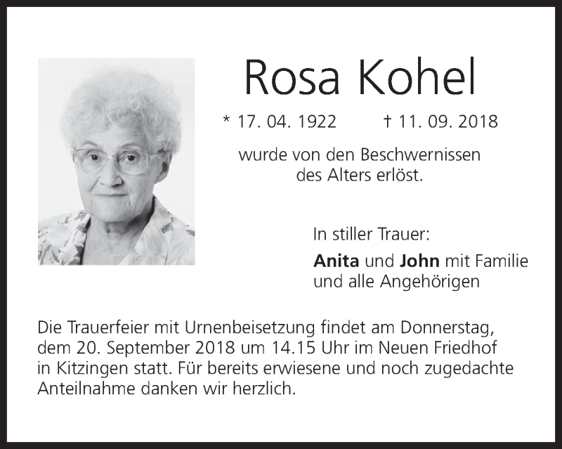  Traueranzeige für Rosa Kohel vom 17.09.2018 aus MGO