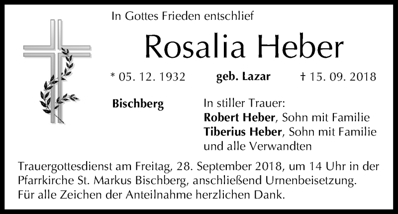 Traueranzeige für Rosalia Heber vom 22.09.2018 aus MGO