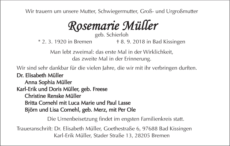  Traueranzeige für Rosemarie Müller vom 15.09.2018 aus MGO