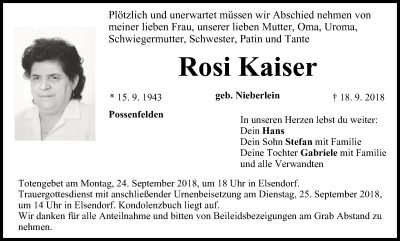  Traueranzeige für Rosi Kaiser vom 22.09.2018 aus MGO