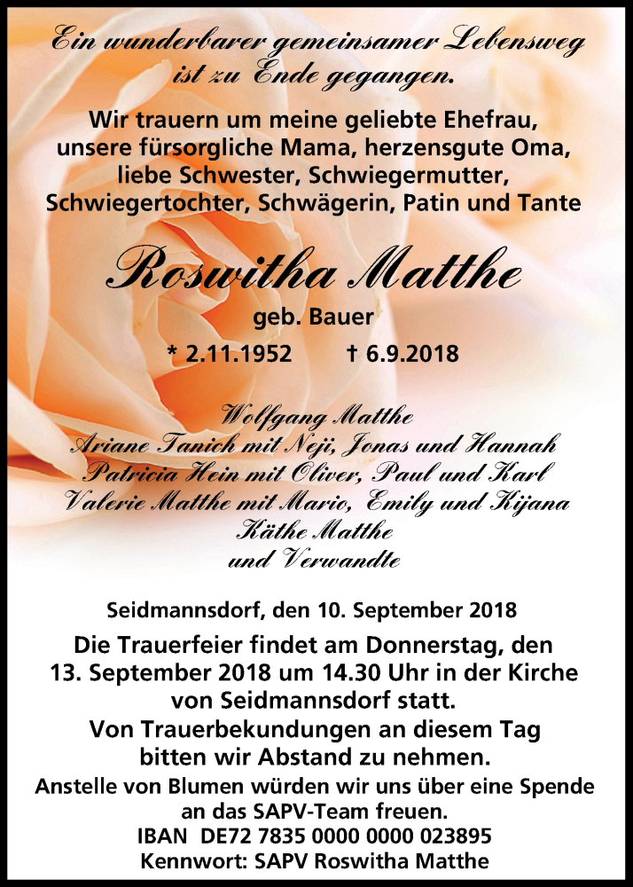  Traueranzeige für Roswitha Matthe vom 10.09.2018 aus MGO