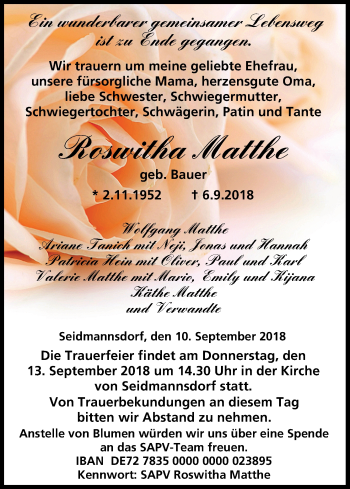 Anzeige von Roswitha Matthe von MGO