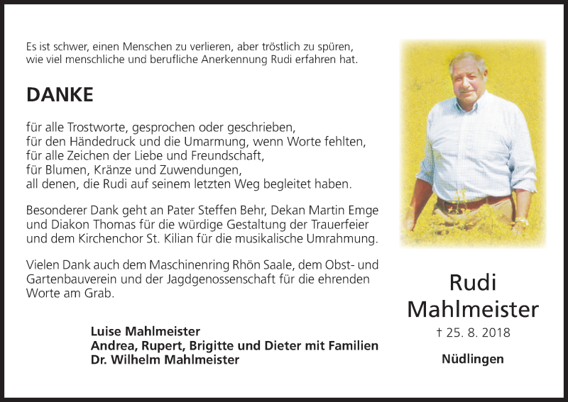  Traueranzeige für Rudi Mahlmeister vom 08.09.2018 aus MGO