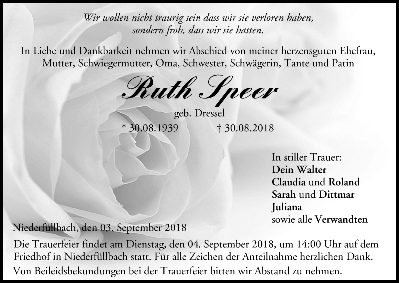  Traueranzeige für Ruth Speer vom 03.09.2018 aus MGO