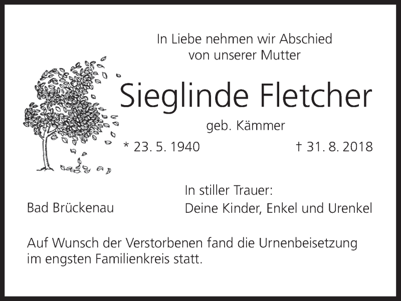  Traueranzeige für Sieglinde Fletcher vom 15.09.2018 aus MGO