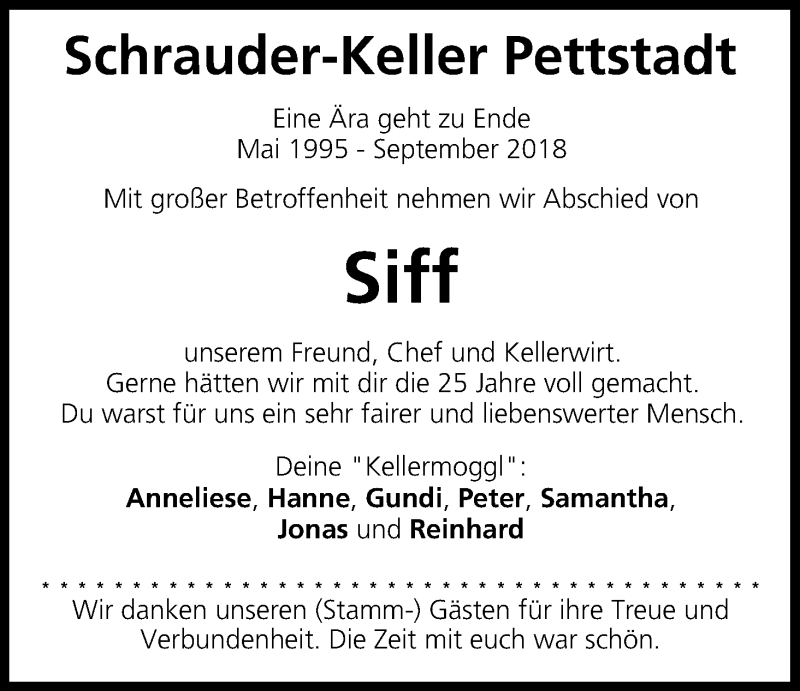  Traueranzeige für Siff  vom 15.09.2018 aus MGO