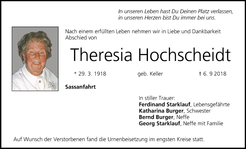  Traueranzeige für Theresia Hochscheidt vom 22.09.2018 aus MGO