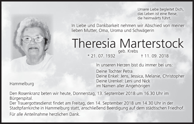  Traueranzeige für Theresia Marterstock vom 13.09.2018 aus MGO