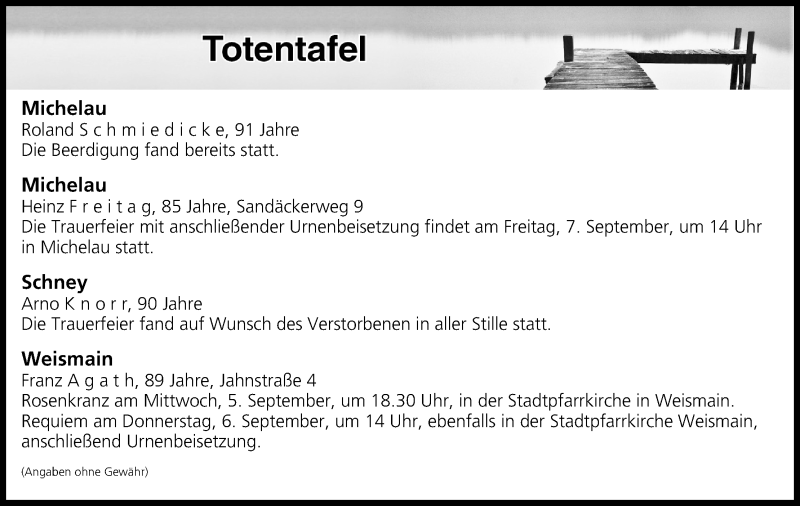  Traueranzeige für Totentafel vom 04.09.2018 vom 04.09.2018 aus MGO