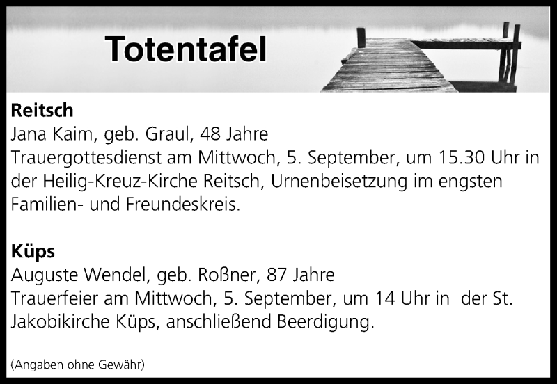  Traueranzeige für Totentafel vom 04.09.2018 vom 04.09.2018 aus MGO