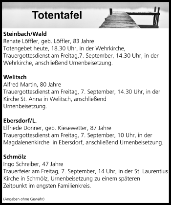 Anzeige von Totentafel vom 06.09.2018 von MGO