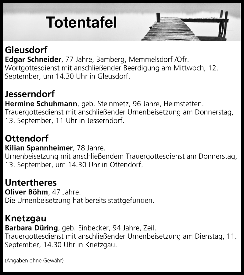  Traueranzeige für Totentafel vom 11.09.2018 vom 11.09.2018 aus MGO