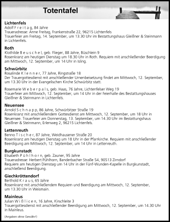 Anzeige von Totentafel vom 11.09.2018 von MGO