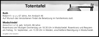 Anzeige von Totentafel vom 13.09.2018 von MGO