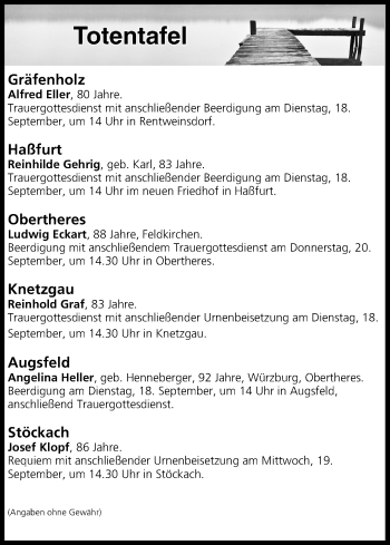 Anzeige von Totentafel vom 18.09.2018 von MGO