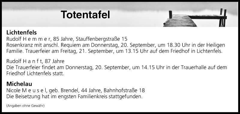  Traueranzeige für Totentafel vom 19.09.2018 vom 19.09.2018 aus MGO