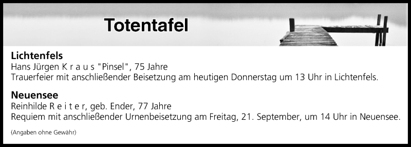  Traueranzeige für Totentafel vom 20.09.2018 vom 20.09.2018 aus MGO