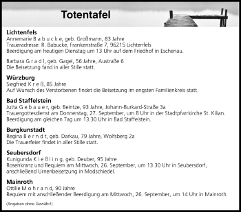 Anzeige von Totentafel vom 25.09.2018 von MGO